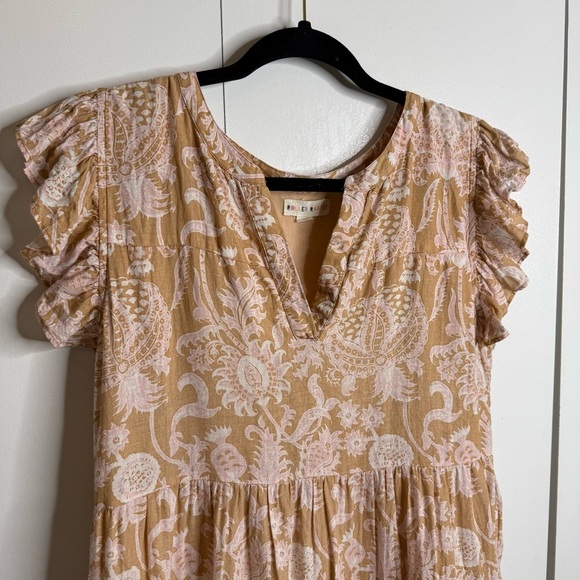 Roller Rabbit - Tan & Pink Floral Paisley Ruffle Mini Linen Dress - Medium - Picture 2 of 11